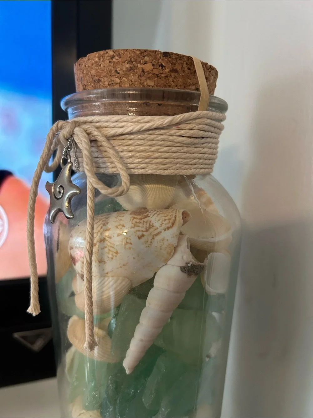 NWT COASTAL Sea Glass & Shell Accent Jar with Charm, Cork Stopper and Cord